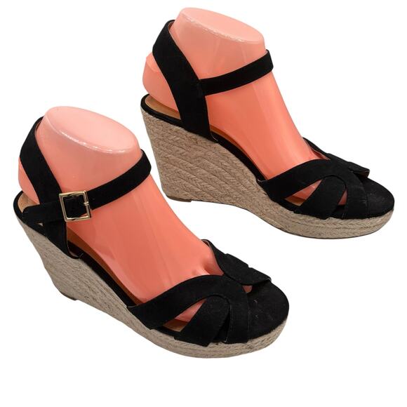 American Eagle Black Suede Upper Espadrille Wedges Sz 8 Sandal Career Vacation - Picture 3 of 5